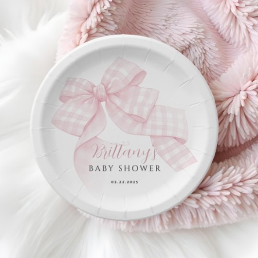 Gingham Pink Bow Baby Shower Pappteller