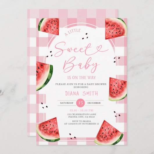 Gingham Pink Bow Watermelon Baby Shower Einladung (Vorne/Hinten)
