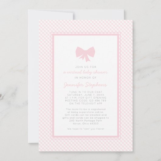 Gingham Pink Bug Virtuelle Babydusche Einladung (Vorderseite)