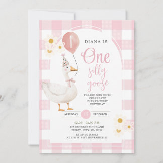 Gingham Pink Daisy Eine Alberne Gans 1. Geburtstag Einladung