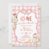 Gingham Pink Daisy One Cute Chick 1st Birthday Einladung (Vorderseite)