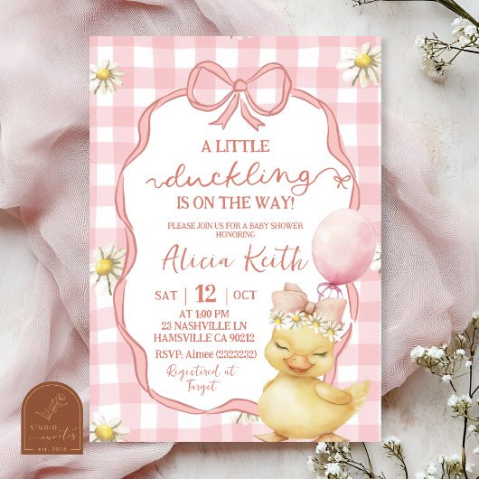 Gingham Pink Daisy Yellow Duck Baby Shower Einladung