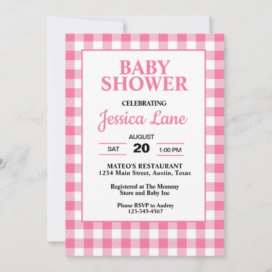 Gingham Pink Kariert Baby Dusche Einladung (Vorderseite)