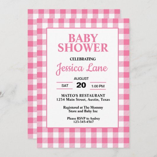Gingham Pink Kariert Baby Dusche Einladung (Vorne/Hinten)