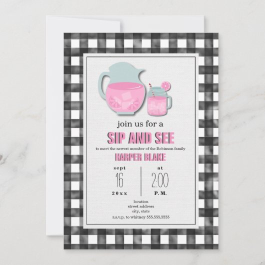 Gingham Pink Lemonade Sip & See Baby Einladung (Vorderseite)