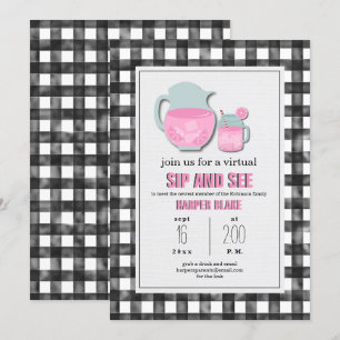 Gingham Pink Lemonade Virtuelle Sip & See Baby Einladung