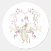 Gingham Pink Peter die Rabbit Monogram Baby Dusche Runder Aufkleber (Vorderseite)