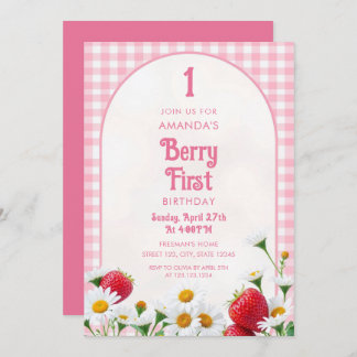 Gingham Pink Strawberries Daisies 1. Geburtstag Einladung