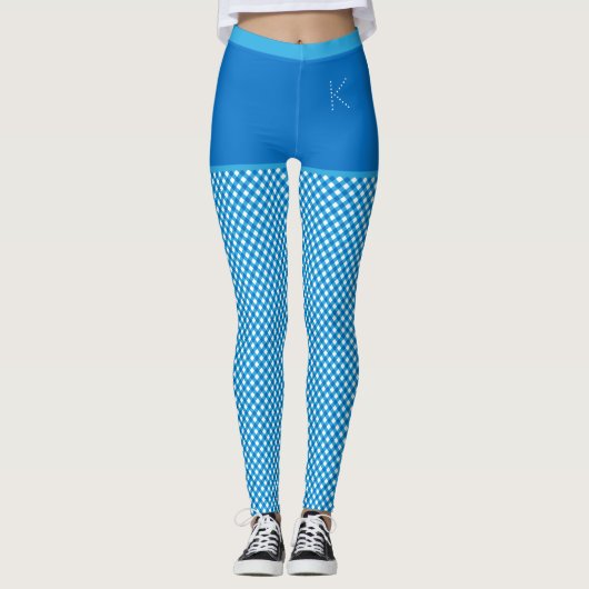 Gingham Print Blue White Monogram Personalisiert Leggings (Vorderseite)