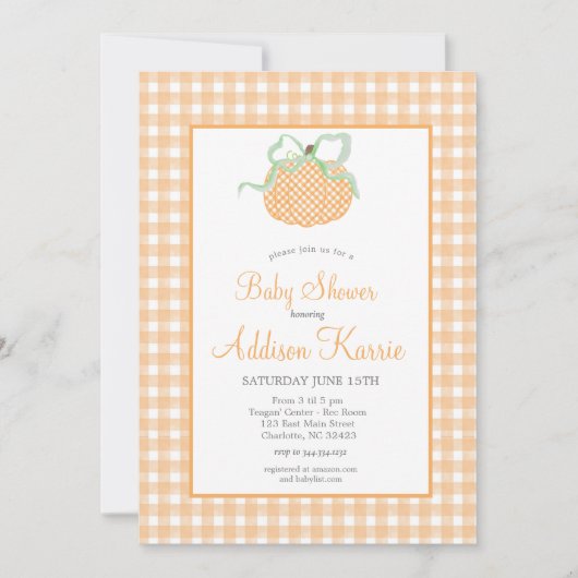 Gingham Pumpkin Baby Shower Einladung (Vorderseite)