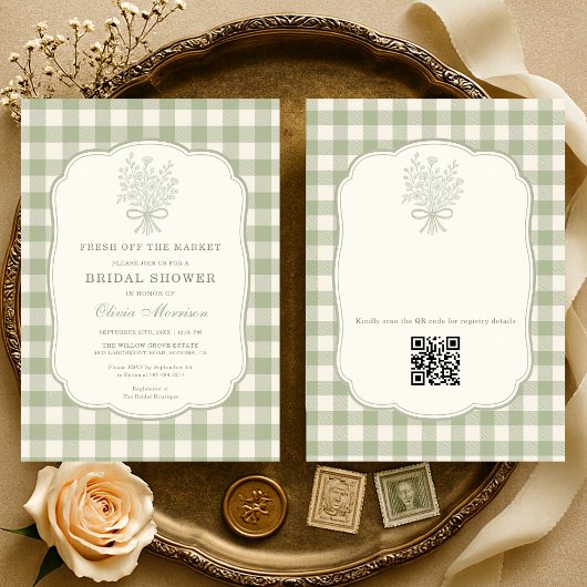 Gingham-QR-Code 'Fresh Off the Market' Einladung