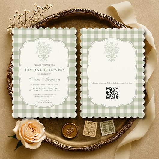 Gingham QR Code Salbeigrün Florales Brautjungfernp Einladung