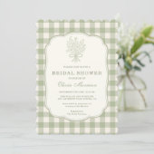 Gingham QR Code Salbeigrün Florales Brautjungfernp Einladung (Stehend Vorderseite)