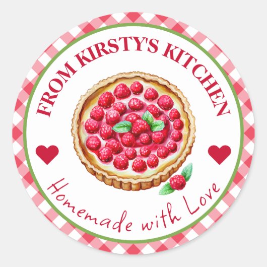 Gingham Raspberry Pie Label Runder Aufkleber (Vorderseite)