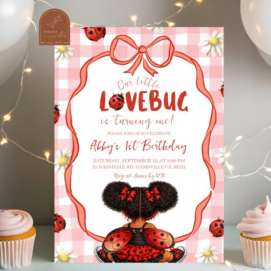 Gingham Red Ladybug 1st Birthday Invitation_ Einladung