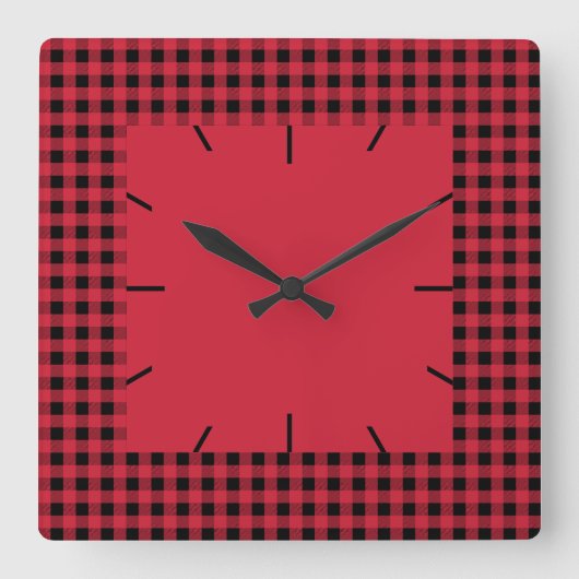 Gingham Red und Black Quadratische Wanduhr (Vorderseite)