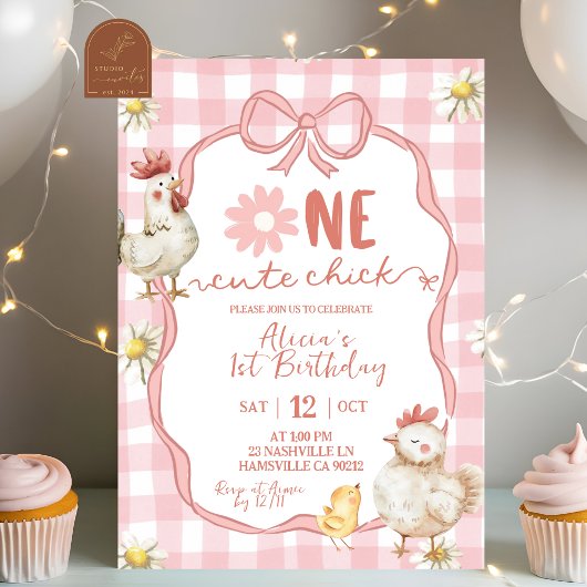 Gingham Rosa Gänseblümchen Ein Süßes Küken 1. Gebu Einladung