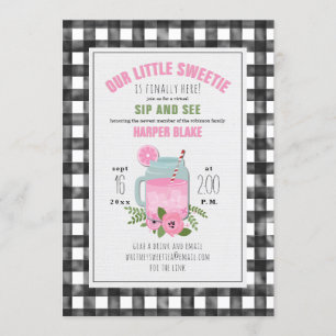 Gingham Rosa Limonade Baby Girl Virtual Sip & See Einladung