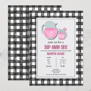 Gingham Rosa Limonade Sip & See Baby-Einladung Einladung