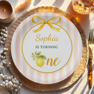 Gingham Rosa Zitronen Thema 1. Geburtstag Pappteller