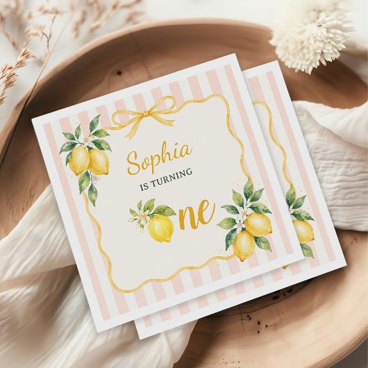Gingham Rosa Zitronen Thema 1. Geburtstag Serviette