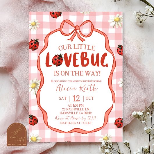 Gingham Rot Lovebug Babyparty Einladung