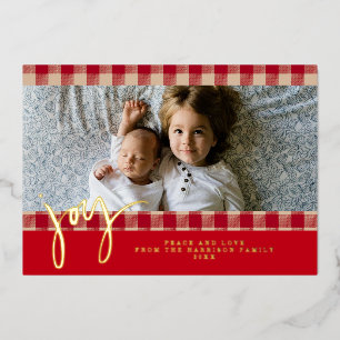 Gingham Rustic Farmhouse Rot Beige Weihnachtsfoto Folien Feiertagskarte