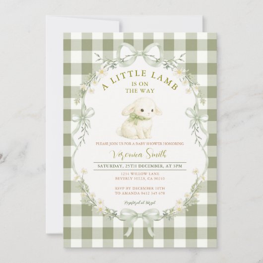 Gingham Sage Green Little Lamb Baby Shower Einladung (Vorderseite)