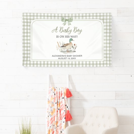 Gingham Sage Green Mallard Duck Baby Duck Banner (Insitu)