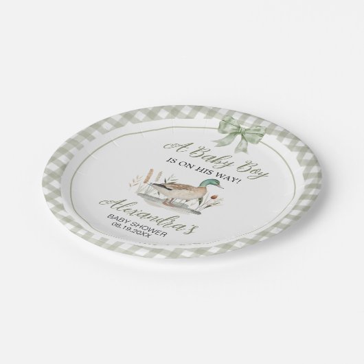 Gingham Sage Green Mallard Duck Baby Duck Pappteller (Schrägansicht)