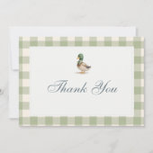 Gingham Sage Green Mallard Duck Bow Baby Shower Dankeskarte (Vorderseite)