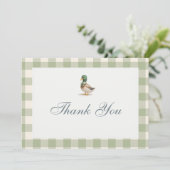 Gingham Sage Green Mallard Duck Bow Baby Shower Dankeskarte (Stehend Vorderseite)