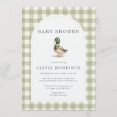 Gingham Sage Green Mallard Duck Bow Baby Shower Einladung (Vorderseite)