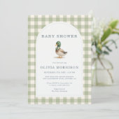 Gingham Sage Green Mallard Duck Bow Baby Shower Einladung (Stehend Vorderseite)