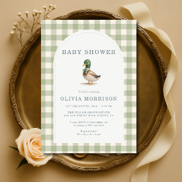 Gingham Sage Green Mallard Duck Bow Baby Shower Einladung