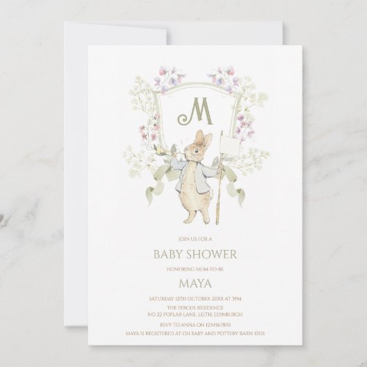 Gingham Sage Peter die Rabbit Monogram Baby Dusche Einladung (Vorderseite)