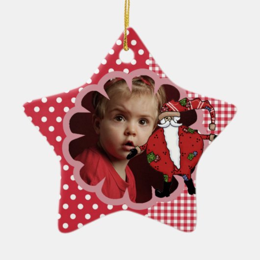 Gingham Santa Custom Foto Ornament (Vorne)