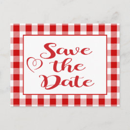 Gingham Save the Date Wedding Red White Karos Ankündigungspostkarte