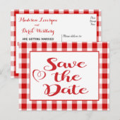 Gingham Save the Date Wedding Red White Karos Ankündigungspostkarte (Vorne/Hinten)