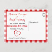Gingham Save the Date Wedding Red White Karos Ankündigungspostkarte (Rückseite)