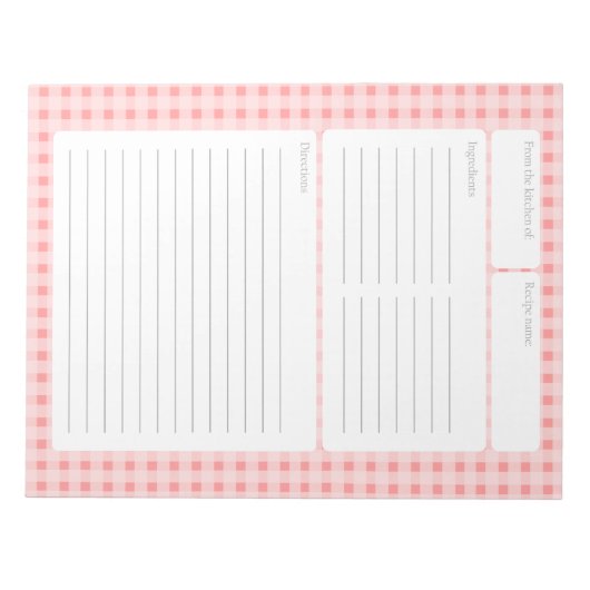 Gingham Schachbrett Rezeptseite mit Farboption Notizblock (Vorderseite)