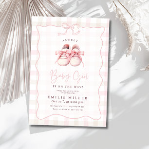 Gingham-Schleifen-Babyparty-Rosa-Babymädchen-Sneak Einladung