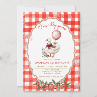 Gingham Silly Goose 1st Birthday Winter Christmas Einladung