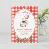 Gingham Silly Goose 1st Birthday Winter Christmas Einladung (Stehend Vorderseite)