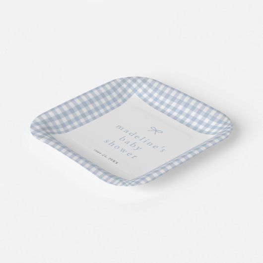 Gingham Simple Bow Dusty Blue Boys Baby Shower Pappteller (Gewinkelt)