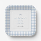 Gingham Simple Bow Dusty Blue Boys Baby Shower Pappteller (Vorderseite)