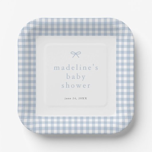 Gingham Simple Bow Dusty Blue Boys Baby Shower Pappteller (Vorderseite)
