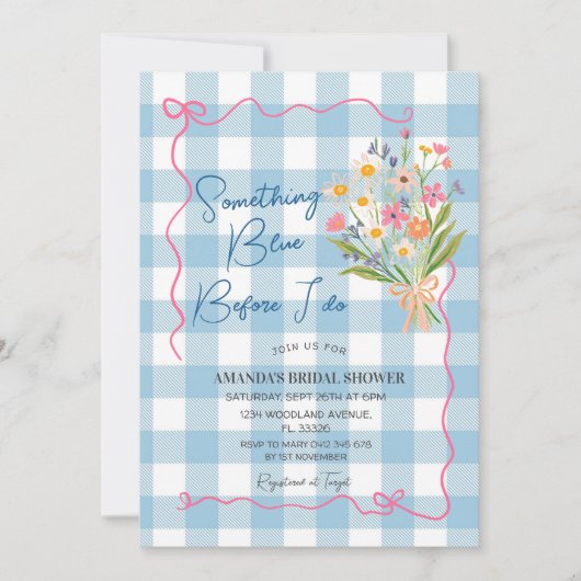 Gingham Something Blue Vor dem Traualtar Brautpart Einladung (Vorderseite)