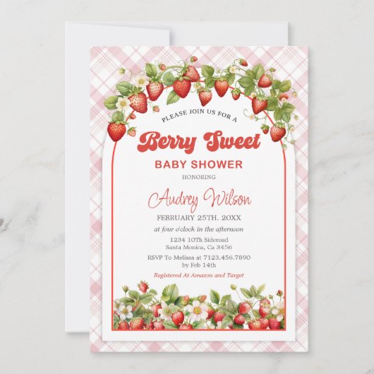 Gingham Strawberry Baby Shower Einladung (Vorderseite)