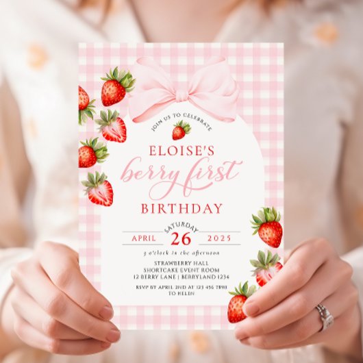 Gingham Strawberry Coquette Erster Geburtstag Einladung